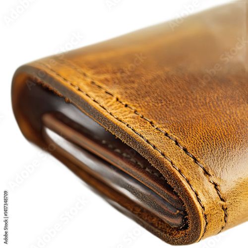 A close-up of a handcrafted, tan leather bi-fold wallet, highlighting its stitching and rich texture. photo