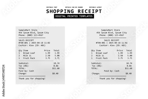 shopping reciept digital printed templates design