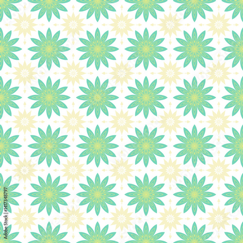 Tile Images-This is a seamless floral pattern with yellow and white daisies, a beautiful spring design on a green background