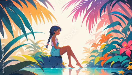 The image depicts a serene tropical scene with a woman relaxing in a pool or body of water. She is wearing a swimsuit and sunglasses, enjoying the sunny weather. Surrounding her are lush, vibrant plan