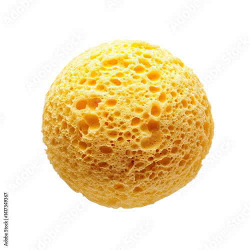 A round, yellow sponge with a textured, porous surface, ideal for cleaning and scrubbing. photo