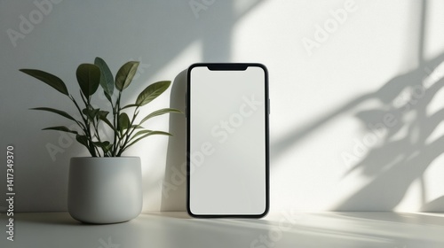 Minimalist Smartphone Mockup with Plant and Sunlight Shadows