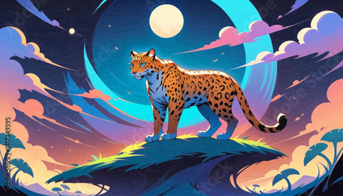 The image depicts a serene nighttime scene with a leopard standing on a rocky outcrop under a full moon. The sky is filled with vibrant, swirling clouds in shades of blue, purple, and pink, creating a