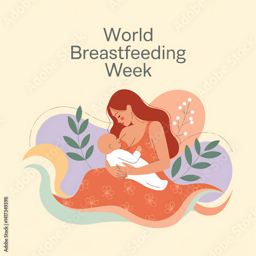 World breastfeeding week illustration of mother breastfeeding baby for health benefits