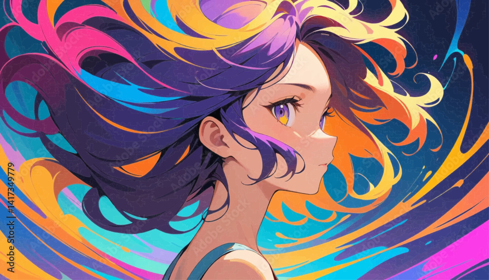 The image depicts a stylized, vibrant illustration of a woman with flowing, colorful hair that blends into swirling patterns. The artwork features bold, dynamic lines and a vivid color palette, creati The image depicts a stylized, vibrant illustration of a woman with flowing, colorful hair that blends into swirling patterns. The artwork features bold, dynamic lines and a vivid color palette, creati
