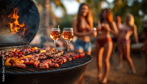 Women Enjoying a Beach Barbecue at Sunset