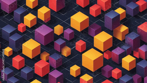 The image features a vibrant, abstract design composed of geometric shapes, primarily cubes and spheres, in a variety of colors including yellow, red, purple, and blue. The shapes are arranged in a dy