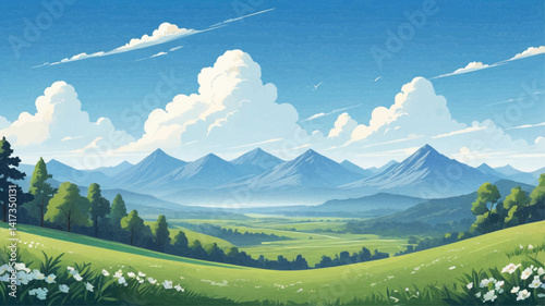 The image depicts a serene landscape with lush green hills and meadows filled with white flowers. In the background, there are majestic mountains under a clear blue sky with fluffy white clouds. The s