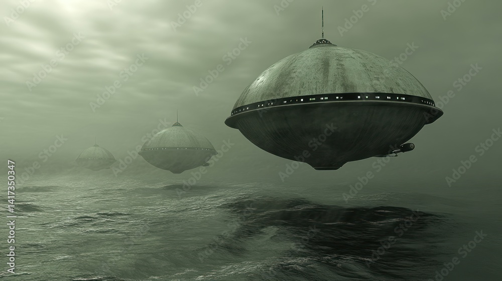 Mysterious Retro-Futuristic Airships Hovering Over a Stormy Sea Mysterious Retro-Futuristic Airships Hovering Over a Stormy Sea