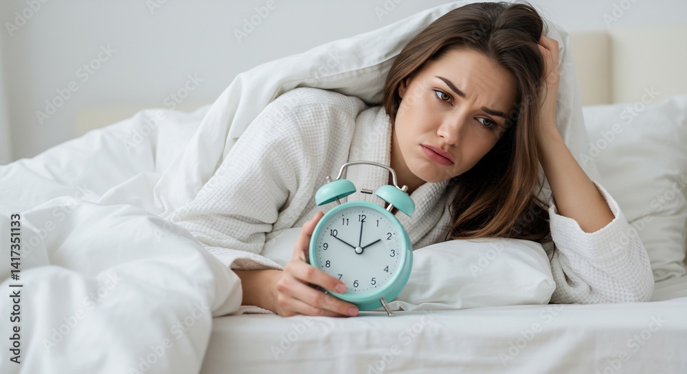 Young Woman in White Robe Lying in Bed, Stressed and Looking at Alarm Clock, Early Morning, Feeling Tired, Sleep Deprived, Difficulty Waking Up Young Woman in White Robe Lying in Bed, Stressed and Looking at Alarm Clock, Early Morning, Feeling Tired, Sleep Deprived, Difficulty Waking Up