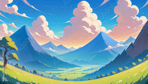 The image depicts a vibrant and whimsical scene with a person standing on a lush, green hill under a bright blue sky filled with fluffy, pink-tinged clouds. The person appears to be holding a yellow u