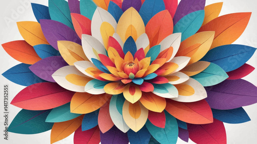 The image features a vibrant, colorful flower with multiple layers of petals. The petals are arranged in a symmetrical pattern, radiating outward from the center. The colors include shades of orange, 