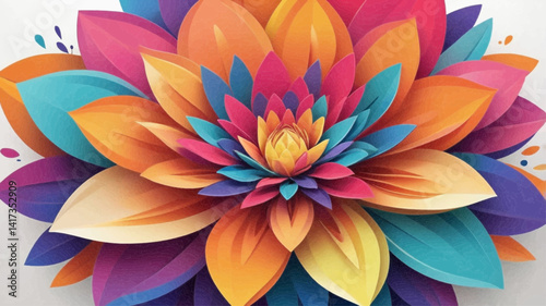 This image is a vibrant, colorful illustration of a stylized flower. The flower is composed of multiple layers of petals, each with a distinct, bright color, including shades of orange, purple, blue, 