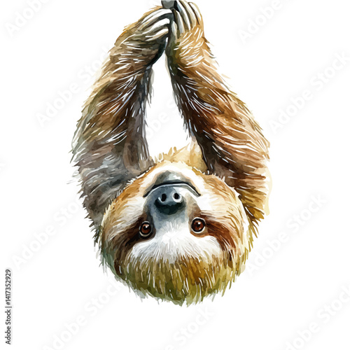 watercolor of Sloth Hanging Upside Down, vector, isolated on a white background.