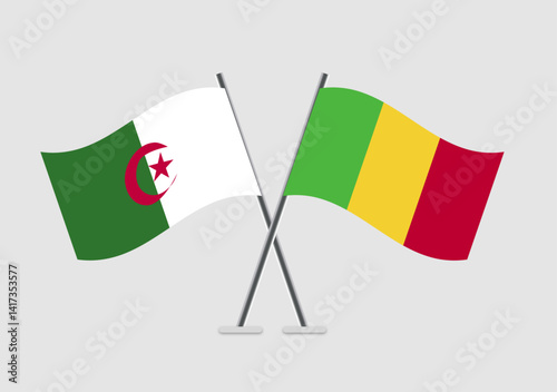 Algeria and Mali vector flags with curved waving graphics