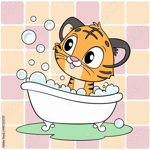 Cute Cartoon Tiger in Bathtub with Bubbles