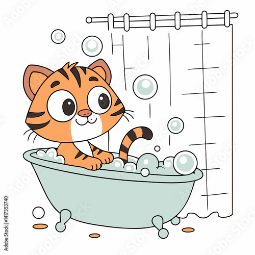 Cute Cartoon Tiger in Bathtub with Bubbles