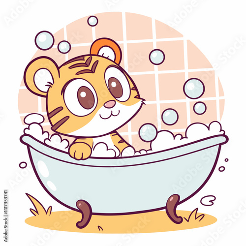 Cute Cartoon Tiger in Bathtub with Bubbles