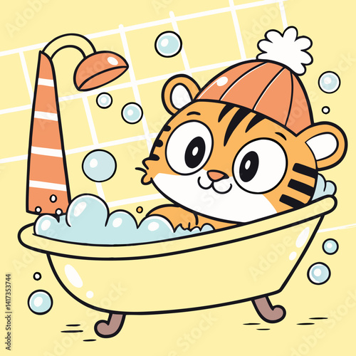 Cute Cartoon Tiger in Bathtub with Bubbles