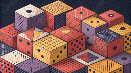 This image depicts a collection of colorful 3D cubes, each adorned with various patterns and designs. The cubes are arranged in a grid-like formation, creating a visually appealing and dynamic composi