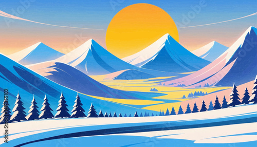 This vector image depicts a serene landscape featuring a vibrant sun positioned above a range of stylized mountains. The mountains are rendered in various shades of blue, creating a gradient effect th