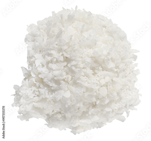 Pile coconut flakes isolated on a transparent background. Top view. Completely in focus. Full depth of field. PNG. photo