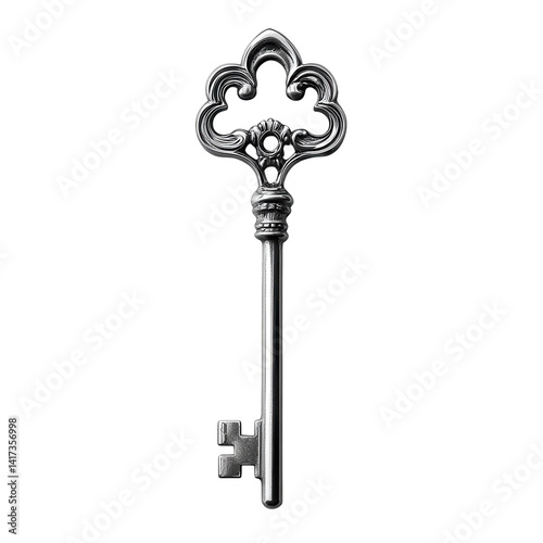 Intricate antique key rests against a textured surface illuminated by soft light in a cozy setting on transparent background