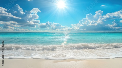 Tropical Paradise with Turquoise Water, White Sandy Beach, and Bright Sunburst in High Resolution