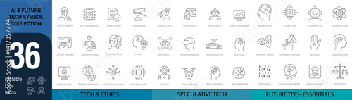 AI & Future Tech Symbol Collection – 36 Editable Line Icons for Ethics, Robotics, and Emerging Technologies | Vector Set in AI, EPS, SVG | Designed in Adobe Illustratorture Of Technology