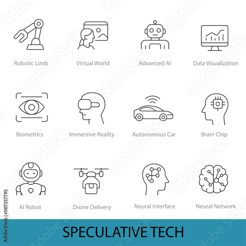 Speculative Tech – 12 Editable Line Icons for Futuristic Concepts & Emerging Technologies | Vector Pack in AI, EPS, SVG | Created in Adobe Illustrator	
