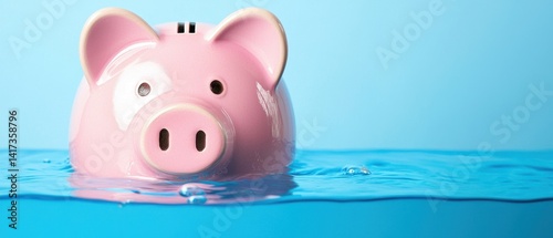 Pink Piggy Bank Floating in Bright Blue Water Background