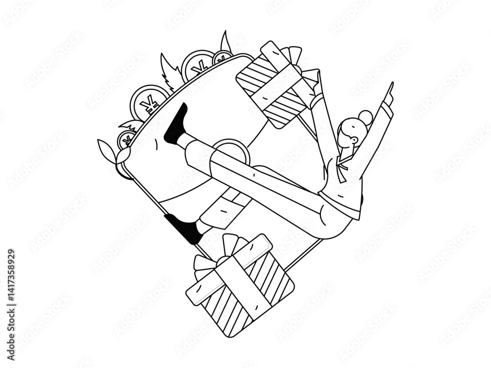 Obraz premium Holiday shopping people doing e-commerce online shopping flat vector concept operation hand drawn illustration 