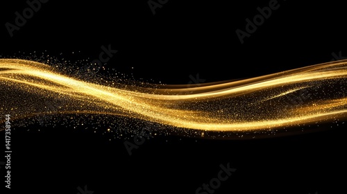 Abstract gold wave design with glittering particles on a black background.