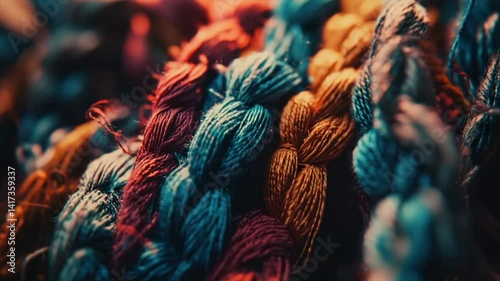 Close-up of vibrant, textured threads in assorted colors