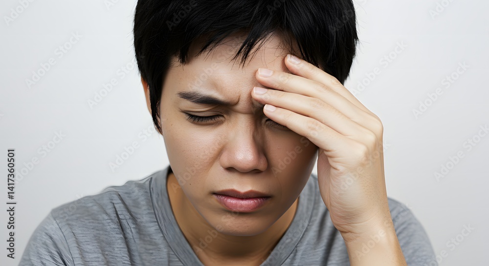 Young adult experiencing headache or stress isolated against white background Young adult experiencing headache or stress isolated against white background