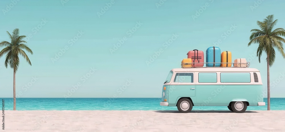 Fototapeta premium Vintage Van with Luggage on Beach Near Palm Trees and Ocean View