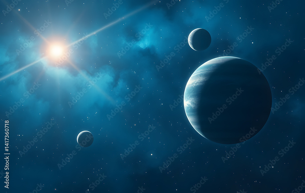 Fototapeta premium Space image of four planets gracefully dancing in a deep blue expanse, suitable for astronomy, science fiction, educational, and futuristic design projects.