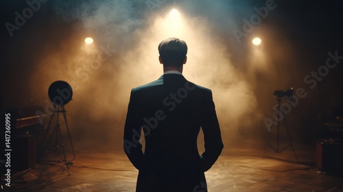 A Man in a Suit, Back to the Camera, on a Smoky Stage with Vintage Lighting Equipment