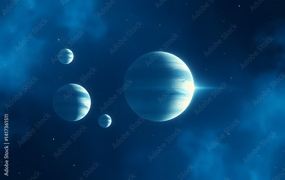 Fototapeta premium Space image of four planets gracefully dancing in a deep blue expanse, suitable for astronomy, science fiction, educational, and futuristic design projects.