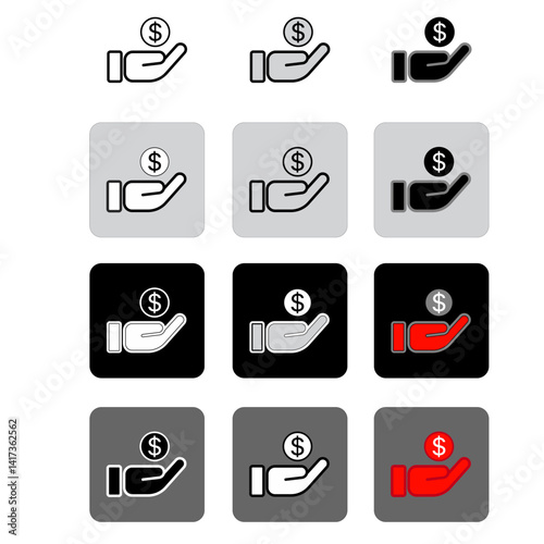 Holding dollar currency by hand, black, white and color buttons