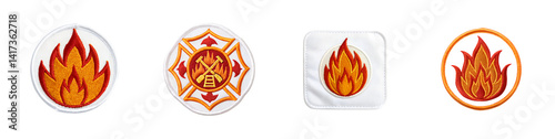 Four embroidered fire fighter emblems or patches on a white background showcase skills