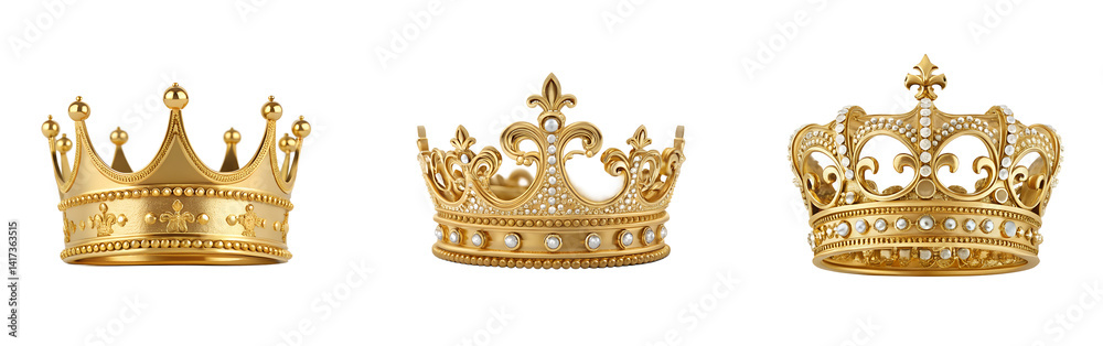 Three golden crowns on a white background are symbols of royalty Three golden crowns on a white background are symbols of royalty