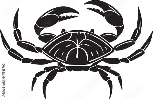Silhouette of a crab in black and white against a white background, featured in a vector art illustration collection