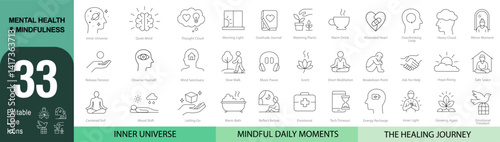 Mental Health & Mindfulness – 33 Editable Line Icons | Hand-drawn Doodle Set for Wellness & Therapy | AI, EPS, SVG | Vector Pack Designed in Adobe Illustrator	
