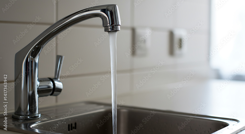 Chrome faucet stream, modern kitchen tile, bright interior. Chrome faucet stream, modern kitchen tile, bright interior.