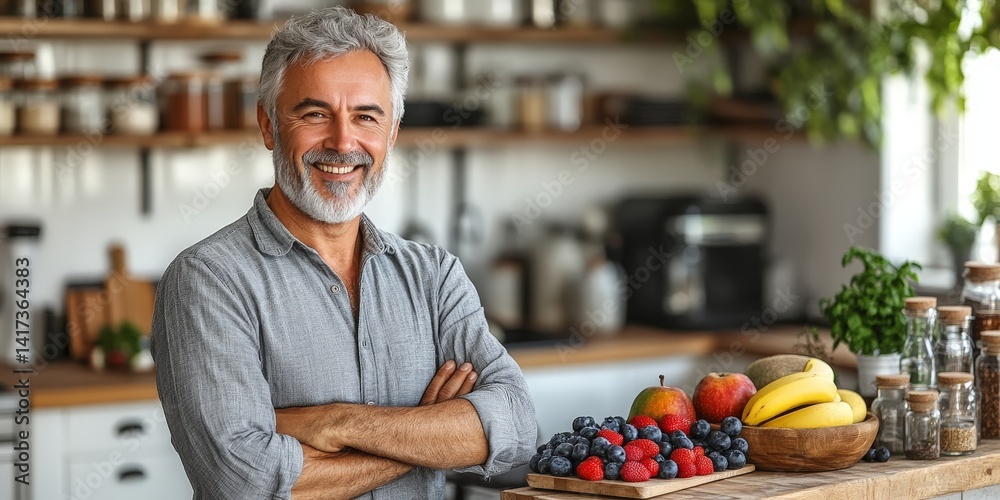Senior Man Preparing Fresh Fruits in a Bright Modern Kitchen for Healthy Lifestyle Senior Man Preparing Fresh Fruits in a Bright Modern Kitchen for Healthy Lifestyle