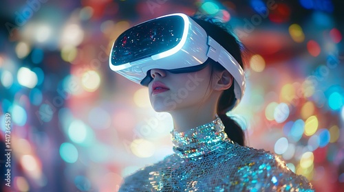 A young woman wearing a deconstructed, avant garde outfit, captivated by virtual reality