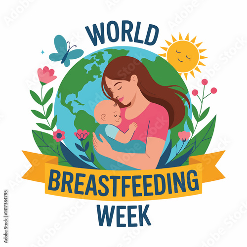 World breastfeeding week illustration of mother and baby with earth and sun vector design