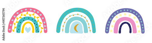 Set of three icons isolated on  white background. Cute cartoon rainbow with branch of leaves,  heart and dots, decorated with stars. Blue, yellow, pink, black, turquoise colors. Flat design.