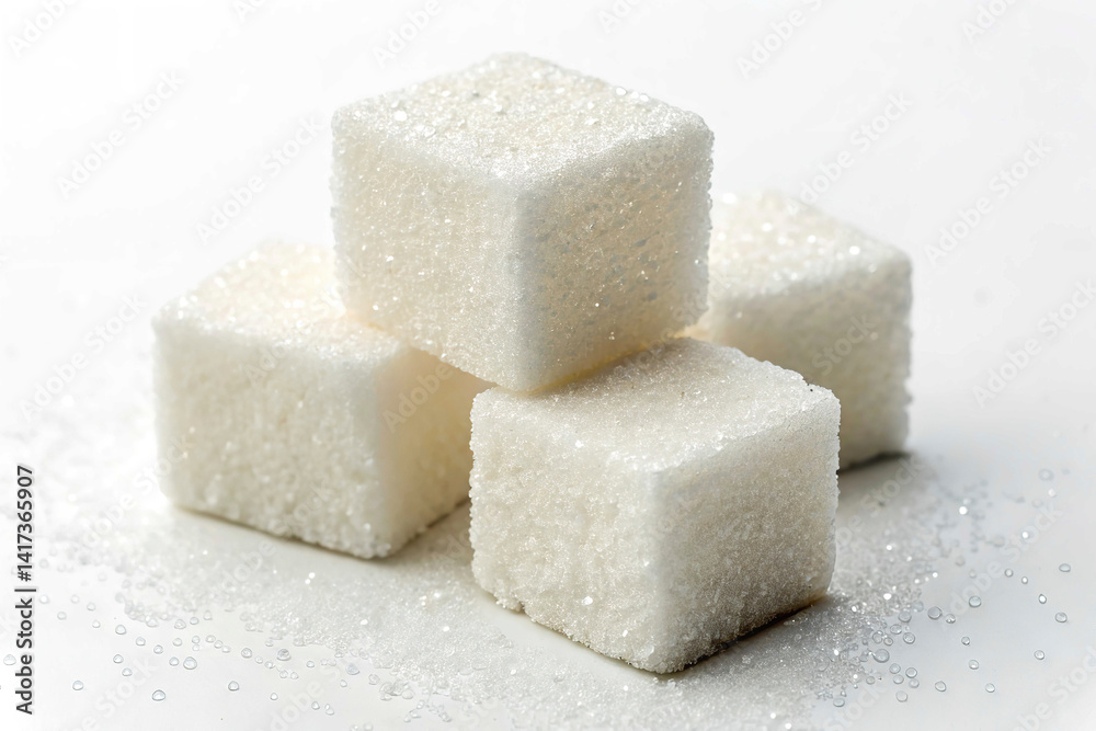 Sucrose C12H22O11 in a cube on a solid white background Sucrose C12H22O11 in a cube on a solid white background